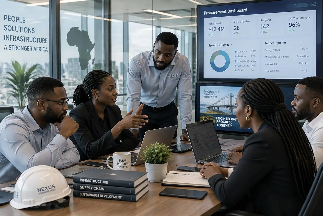 Procurement team reviewing digital tender dashboards in a modern office